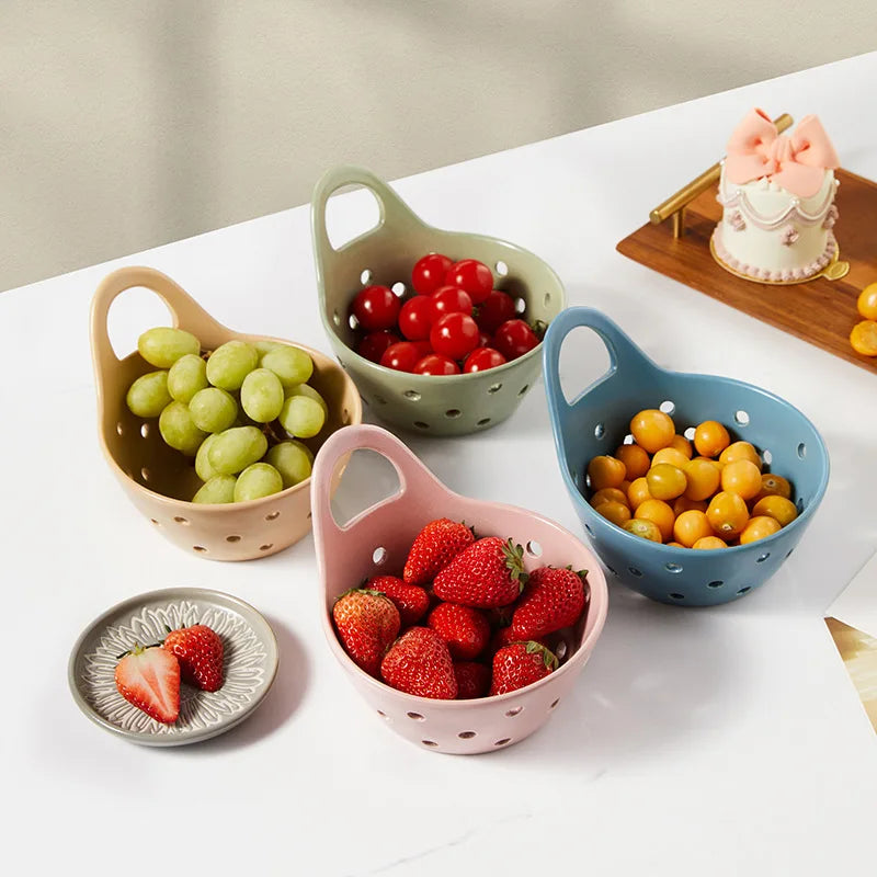 Ceramic Berry Bowls Ceramic Colander with Handles Fruit Berry Colander Filter Bowl Kitchen Artifact Drain Basket